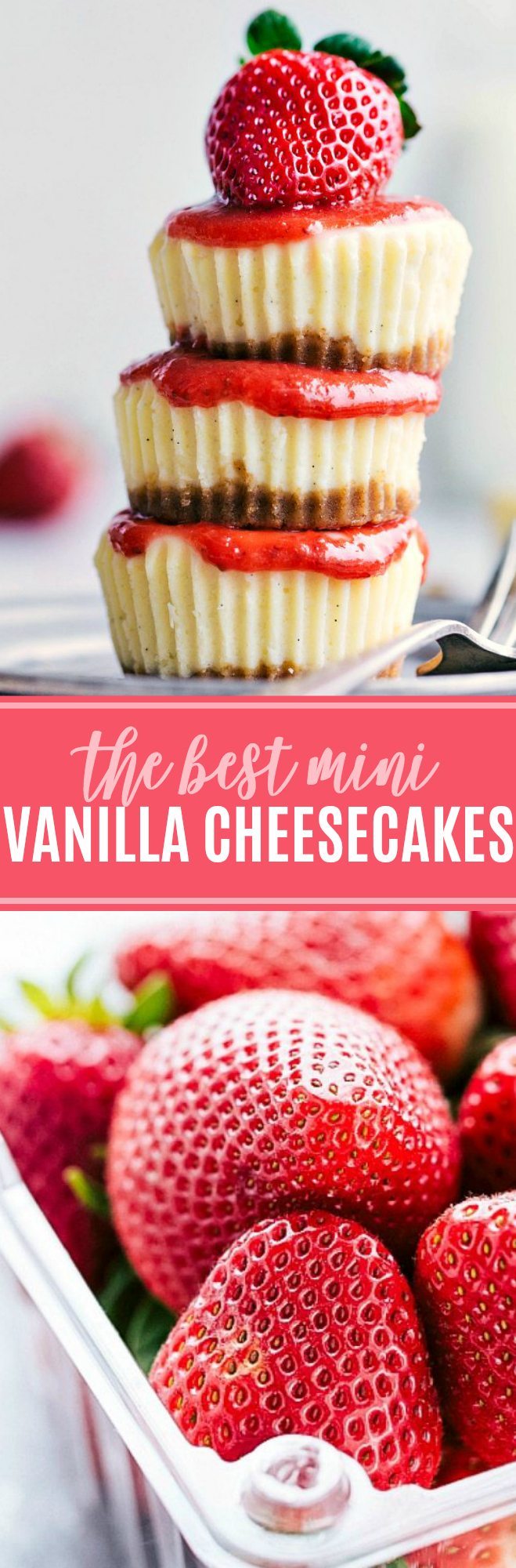 The absolute best mini vanilla cheesecakes with an easy strawberry sauce. | chelseasmessyapron.com | #strawberry #cheesecake #mini #dessert #easy #quick #desserts #best #ever #kidfriendly #cheesecakes #vanilla