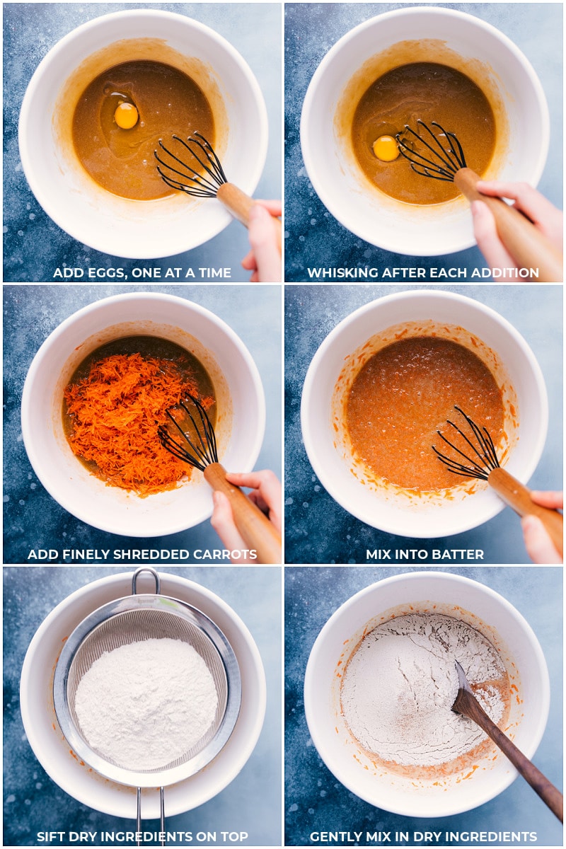 Process shots: adding in eggs, shredded carrots, and dry ingredients