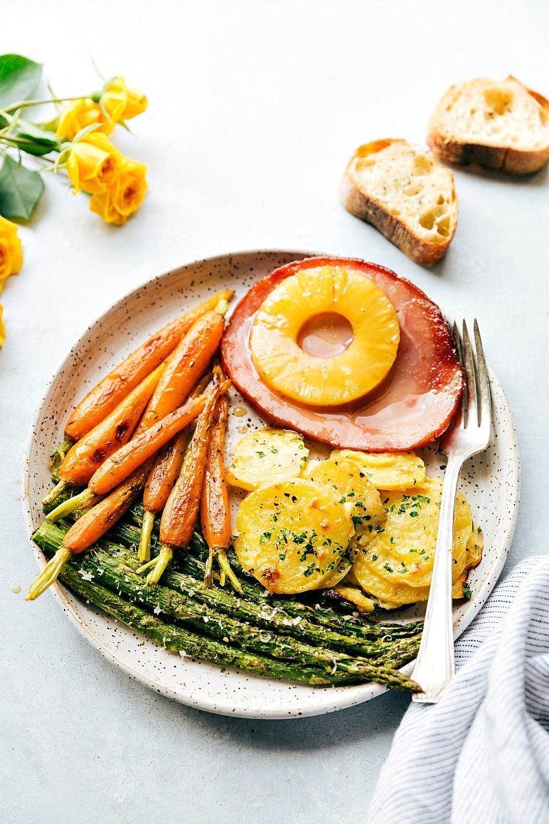 Image of the easter dinner on a plate with a fork on the side