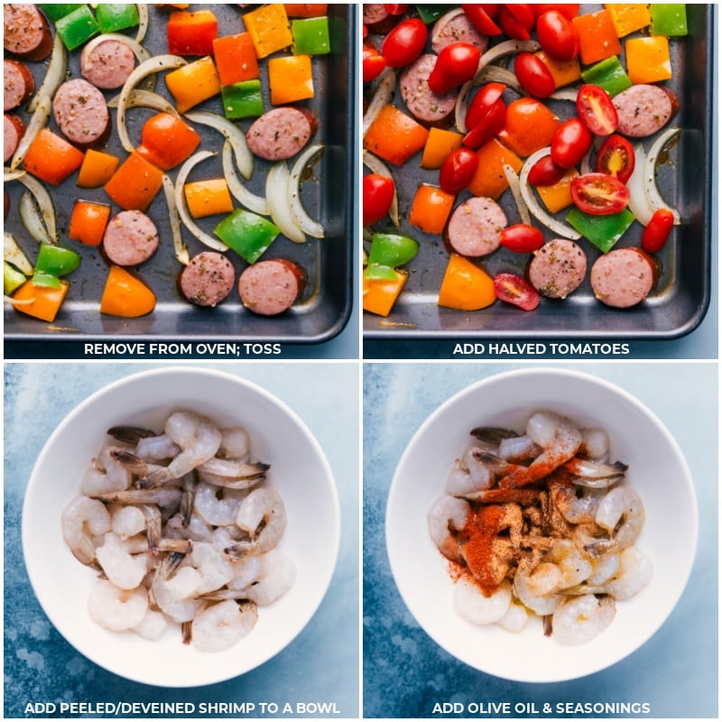 Process shots: add tomatoes to the pan; combine shrimp with olive oil and seasonings.