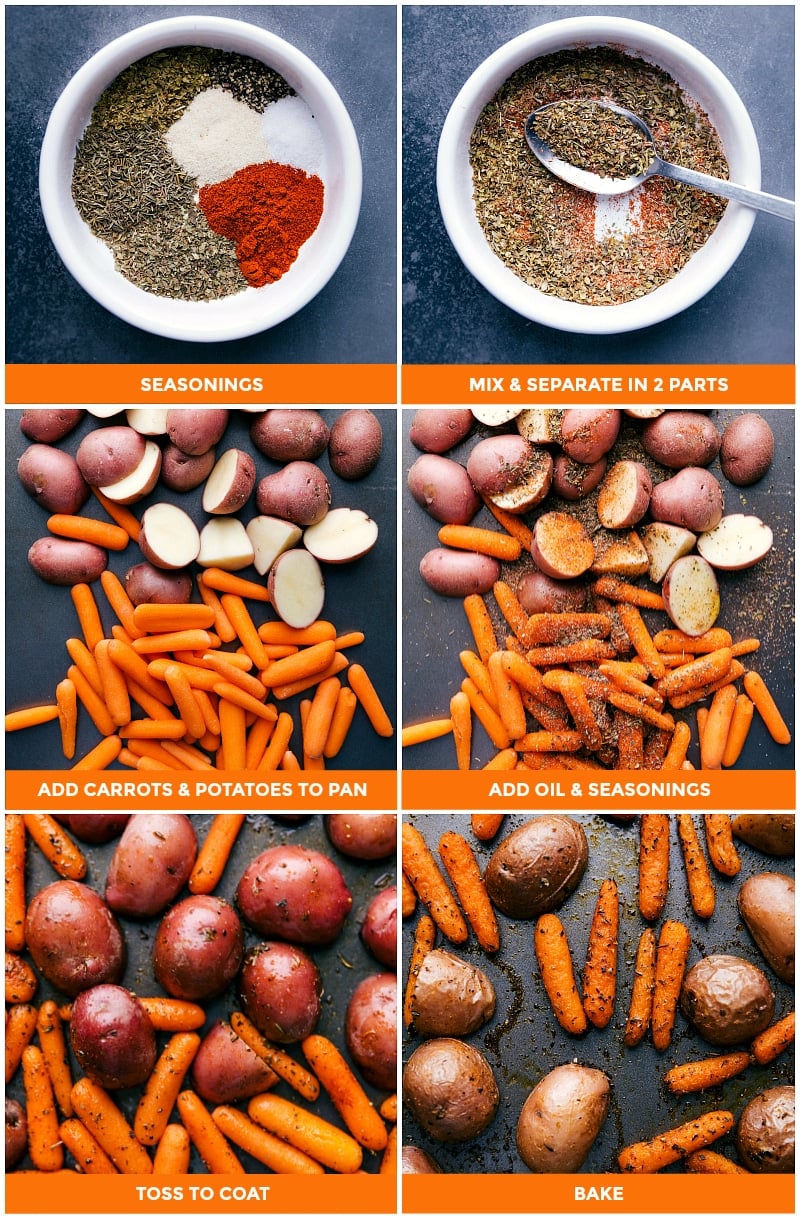 Combining the seasoning blend, adding vegetables, oil, and seasonings to the pan, tossing to coat, and then baking in the oven.