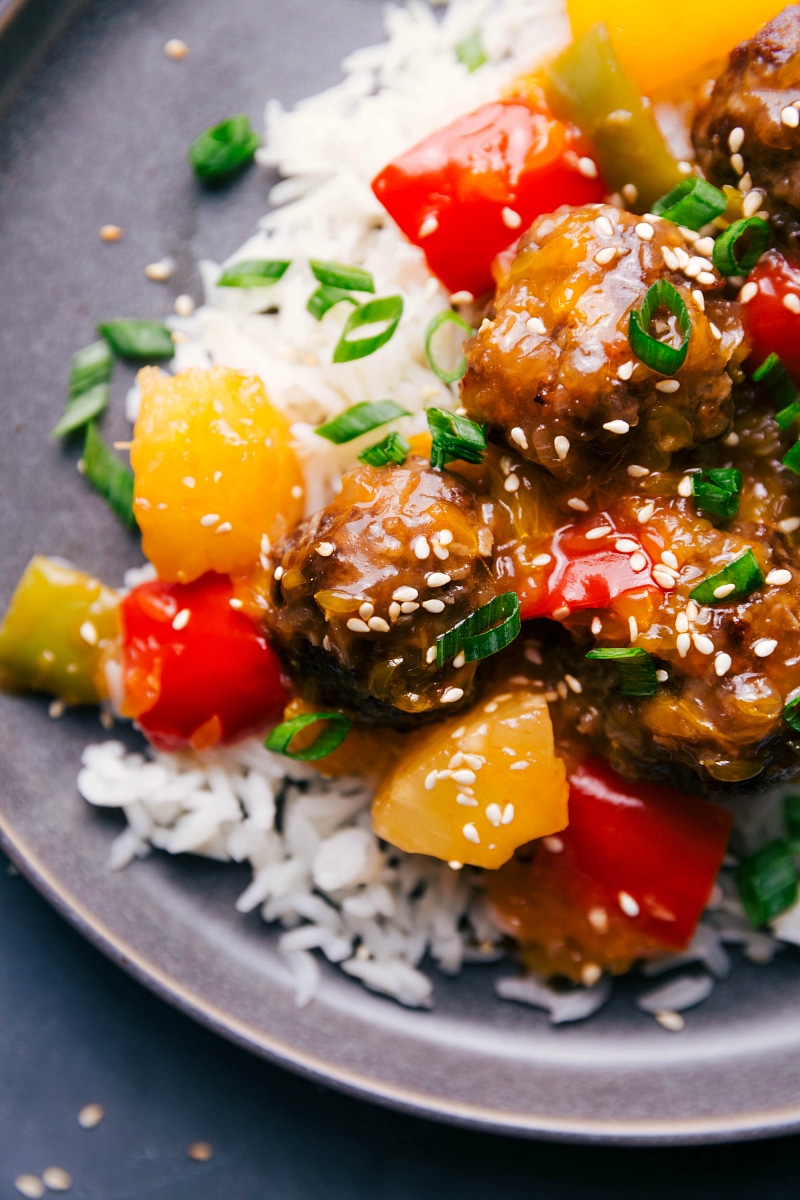 Up-close overhead image of Sweet and Sour Meatballs, ready to be eaten.