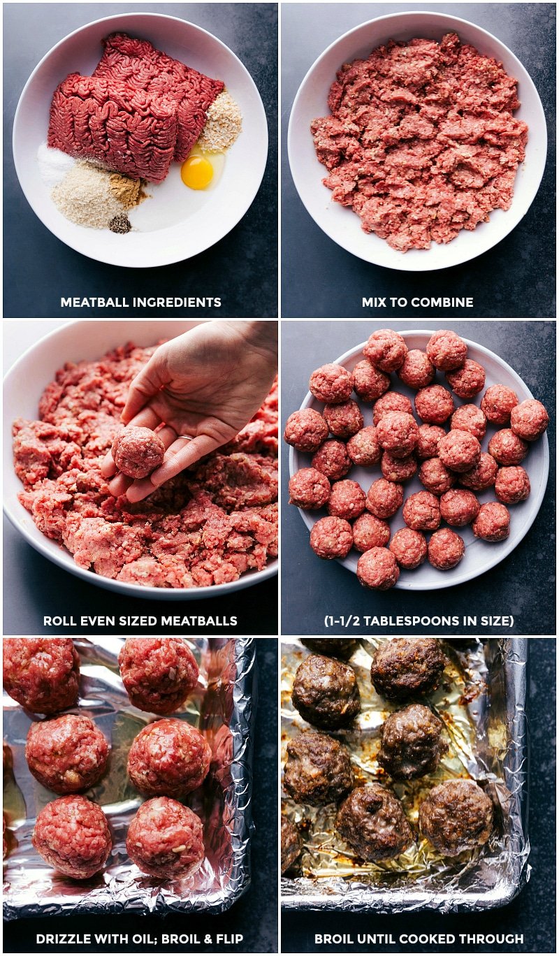 Mixing and rolling ingredients for meatballs, followed by cooking to perfection.