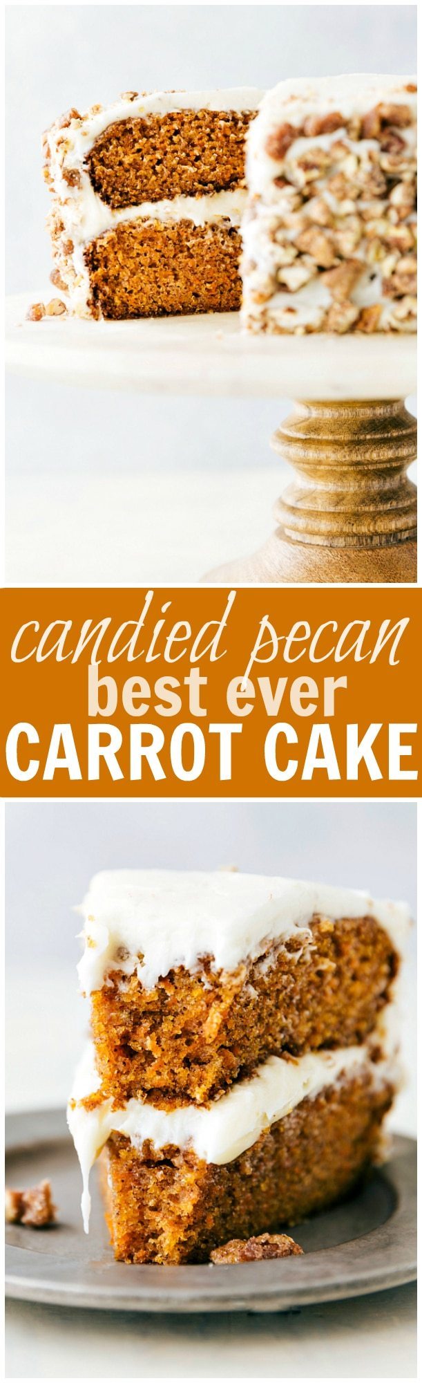 The ULTIMATE BEST EVER carrot cake! Dozens were tested to bring you this amazing recipe! PLUS a fun twist of adding candied pecans to the sides!! via chelseasmessyapron.com