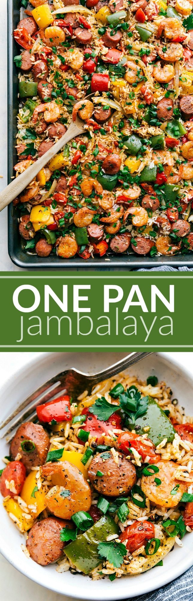 ONE PAN JAMBALAYA! Sausage, shrimp, seasoned veggies, AND rice all cooked together on ONE PAN! Easy 30-minute dinner via chelseasmessyapron.com