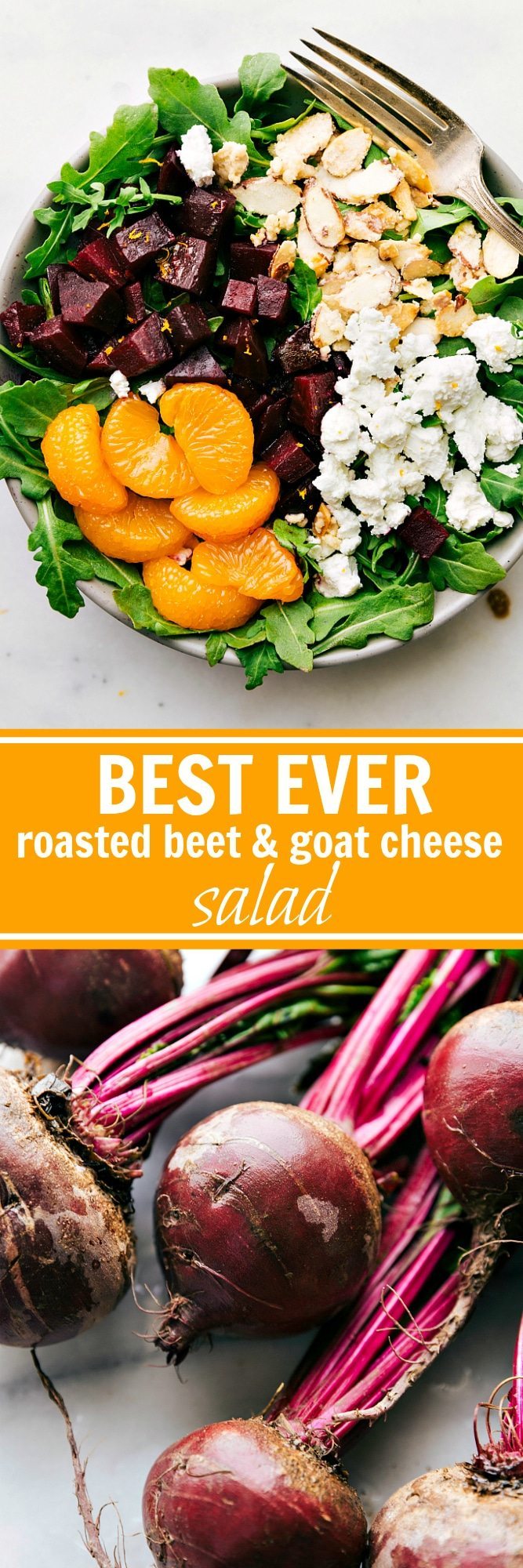 The BEST roasted beets ever!! Salt roasted beets coated in balsamic vinaigrette and tossed with arugula, easy (2-ingredients) candied almonds, mandarin oranges, and goat cheese. I Delicious roasted beet and goat cheese salad! via chelseasmessyapron.com