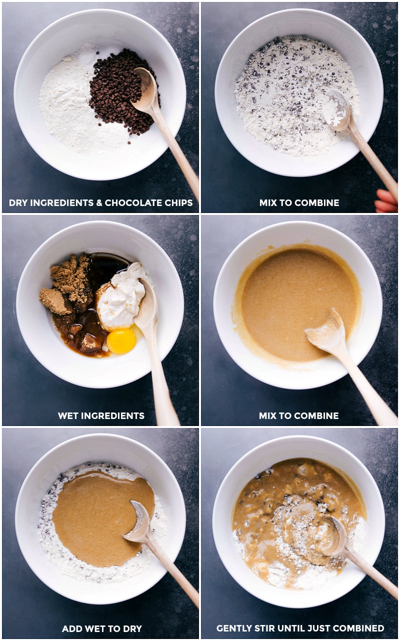 Process shots--combining the dry ingredients and wet ingredients, and then mixing them all together