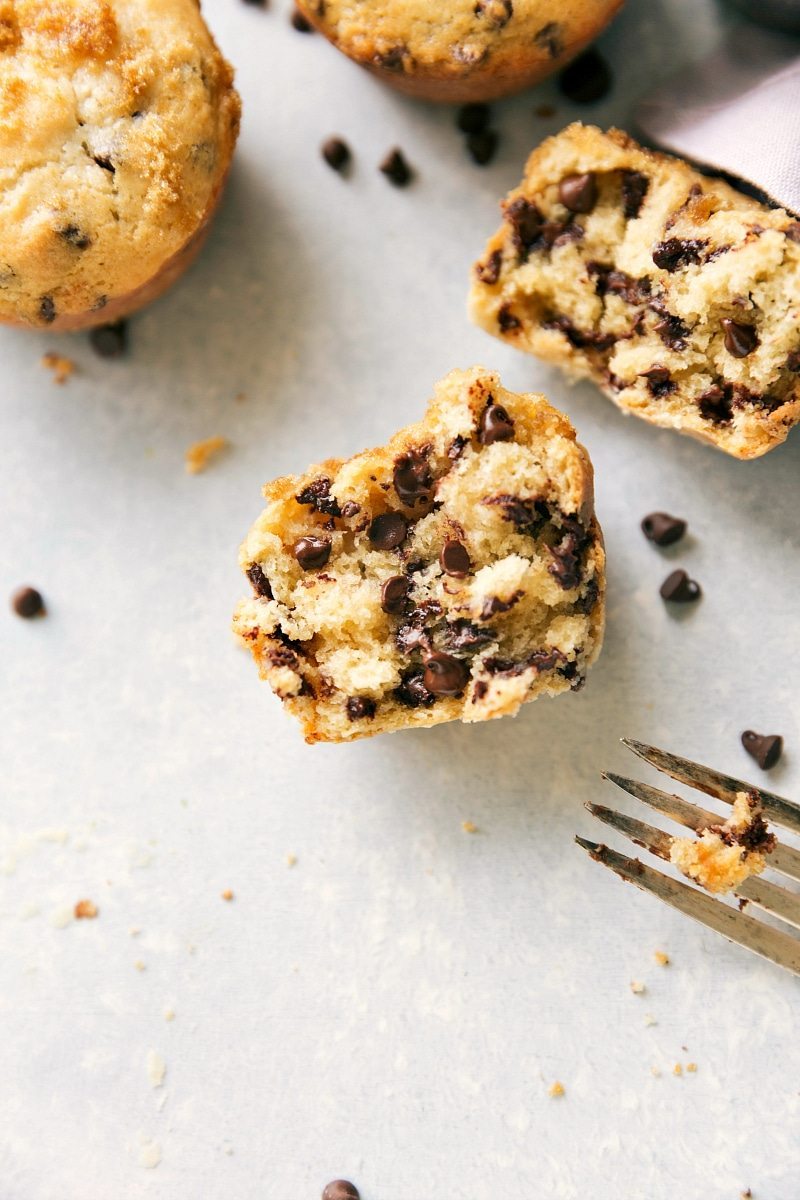 Overhead image of a Healthy Chocolate Chip Muffin broken open
