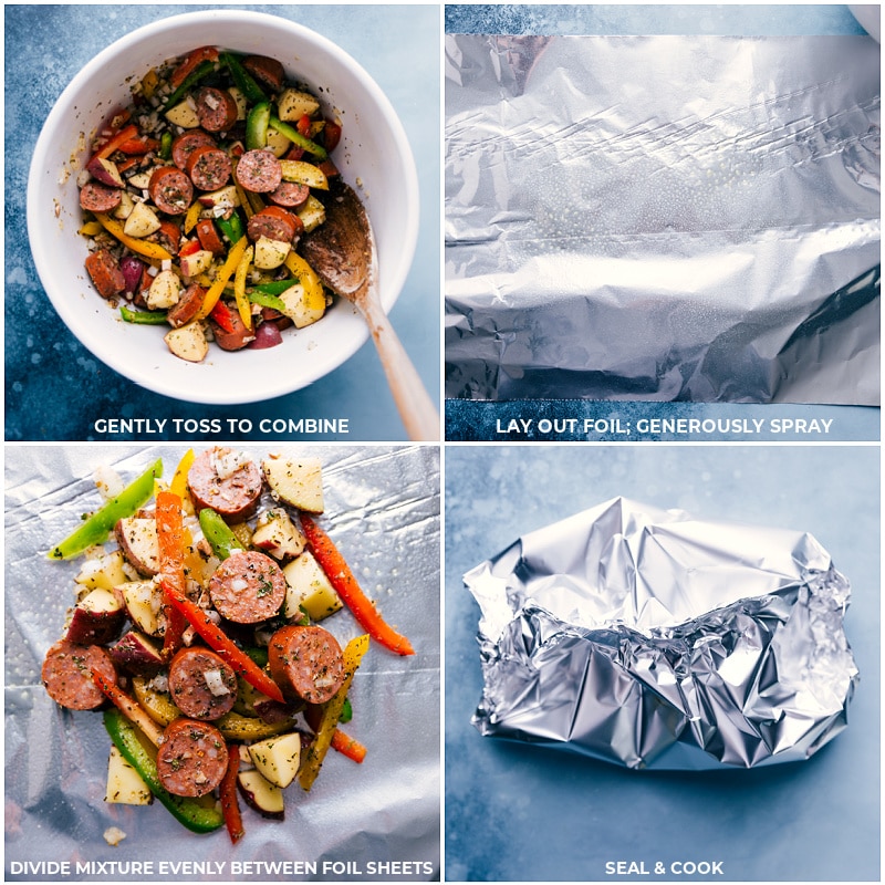 Process shots-- adding the mixture to the foil packs; sealed and ready to cook