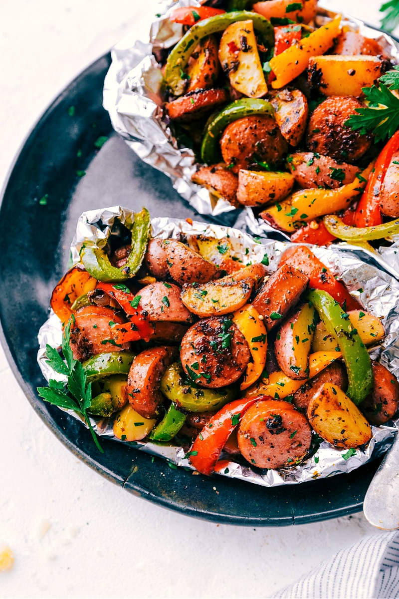 Foil Pack Italian Sausage and Veggies on a plate