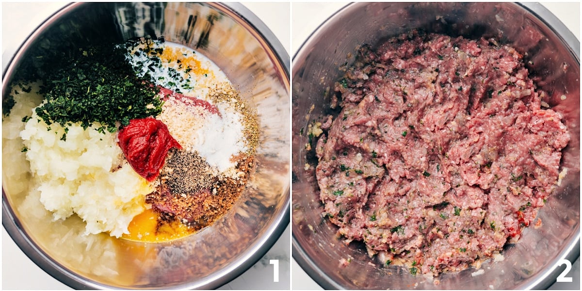 How To Make This Sheet Pan Meatloaf All the ingredients for the Sheet Pan Meatloaf added to a mixing bowl and ready to be combined to create the meatloaf mixture.