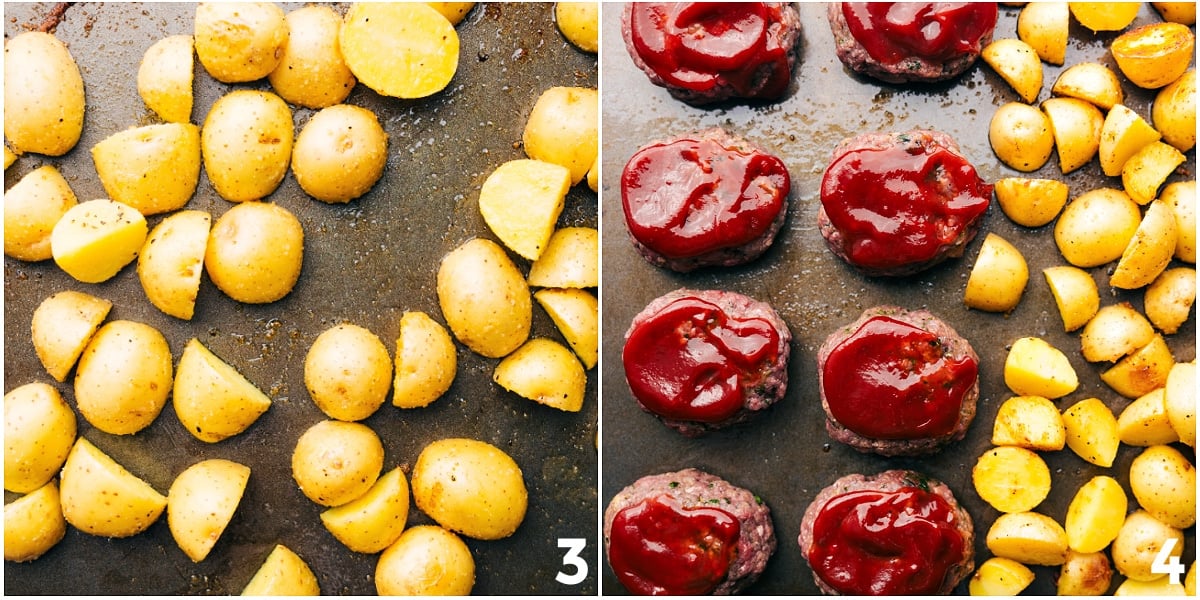 Roasting Potatoes Alongside The Sheet Pan Meatloaf The potatoes chopped, seasoned, and added to the pan along with the meat to roast.