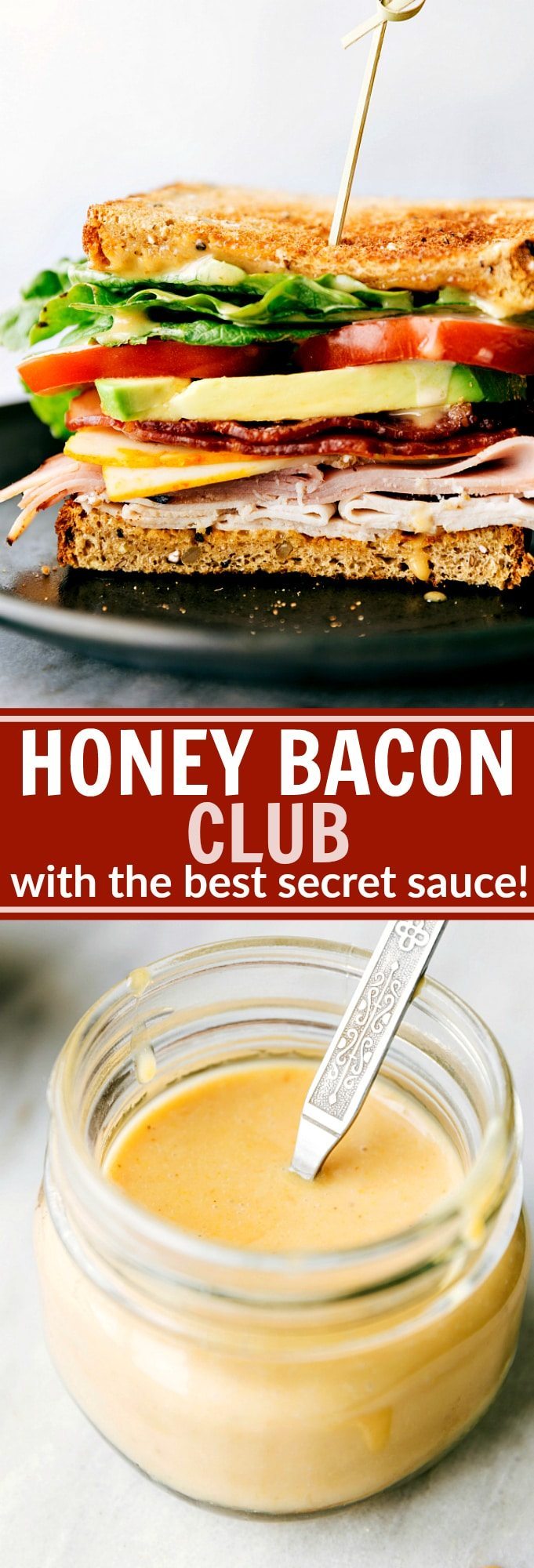 Honey Bacon Clubs -- toasted bread, crisp fresh veggies, smoked turkey, honey ham, center-cut bacon, muenster cheese, and the most incredible SECRET INGREDIENT honey mustard spread! via chelseasmessyapron.com