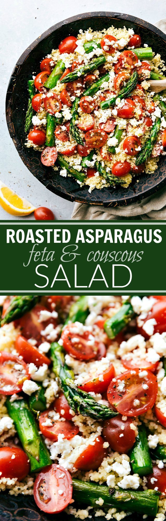 Roasted asparagus, fresh cherry tomatoes, garlicky couscous, and feta cheese with a simple vinaigrette. A great Spring or Easter side dish! via chelseasmessyapron.com