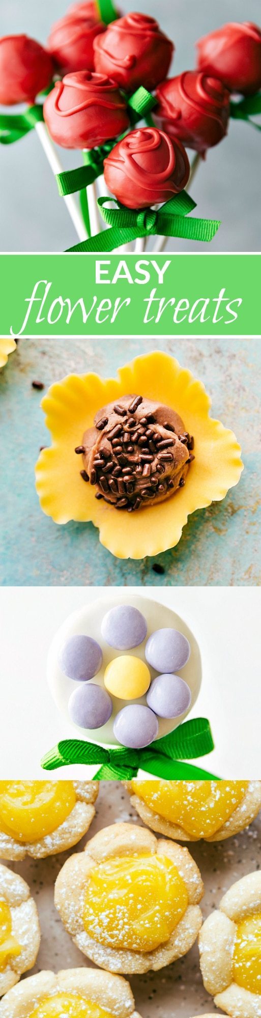 “Four simple themed flower treats that are perfect for Mother's Day or Spring celebrations! Rose Cake Pops, Lemon Curd Cookie Cups, Flower Cookie Pops, & Sunflower Nutella Frosting Bites. via chelseasmessyapron.com