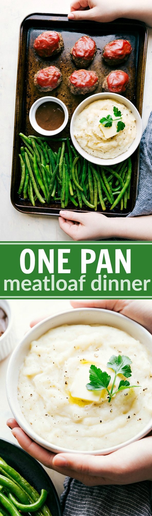 Mini Meatloaves, mashed potatoes, and roasted green beans all baked together on ONE sheet pan! An easy & impressive dinner! via chelseasmessyapron.com