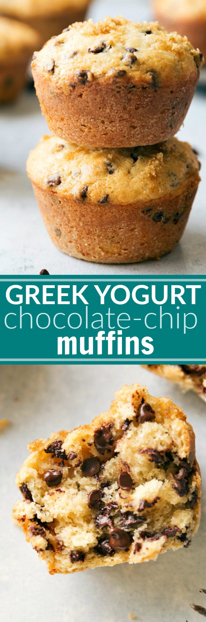 Greek yogurt chocolate-chip muffins made with better-for-you ingredients and no sacrifice of flavor! These muffins are soft, tender, moist, and delicious! via chelseasmessyapron.com