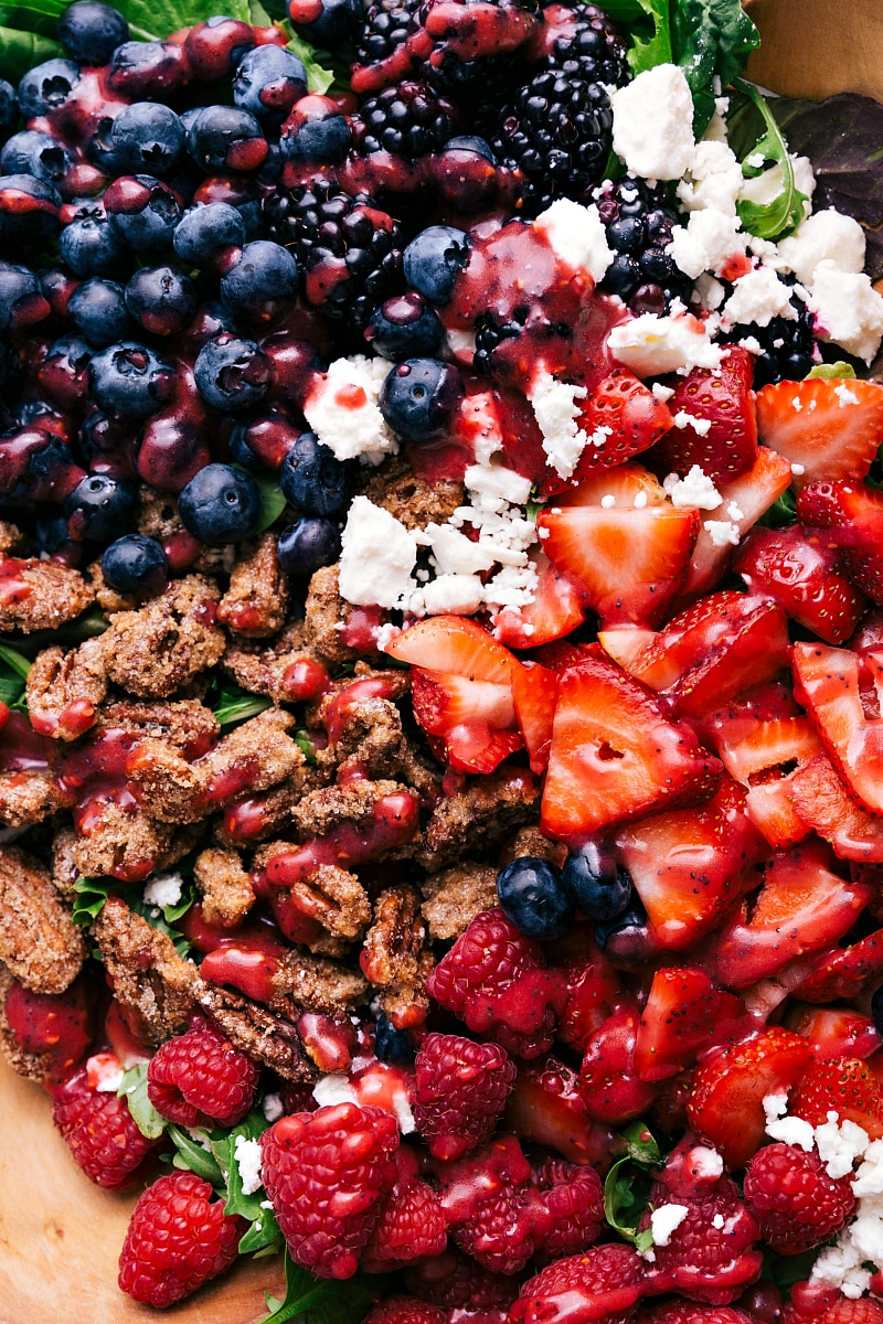 Overhead image of the Raspberry Vinaigrette Salad dressed and ready to be served.