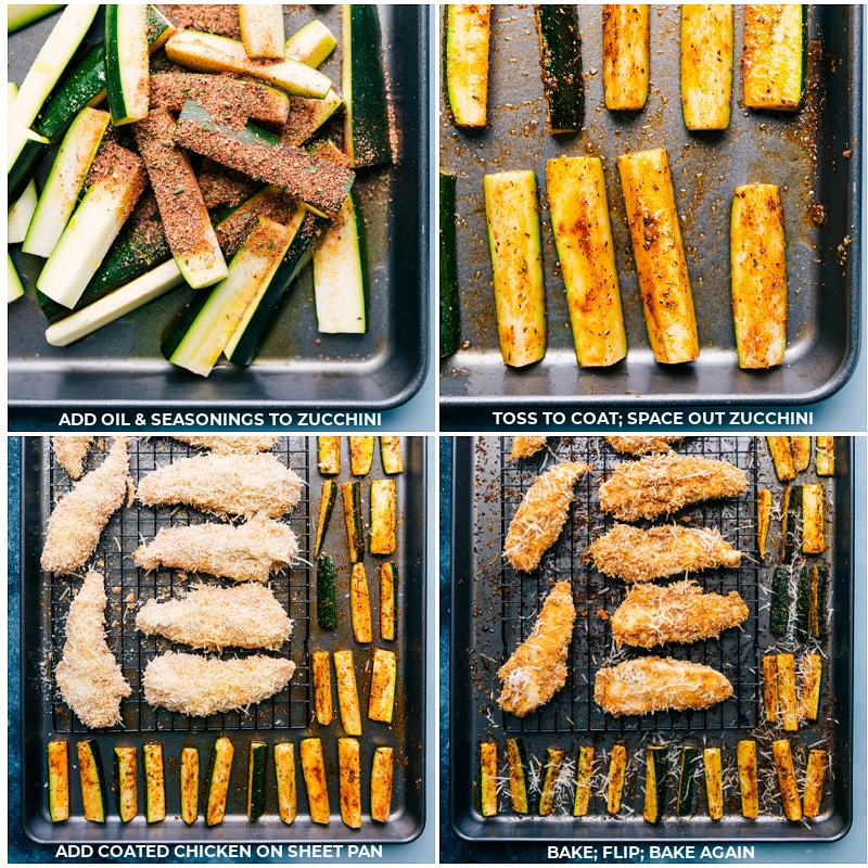 Process shots-- Toss the zucchini with seasoning; bake on a prepared pan; place chicken tenders on a cooling rack and add to the pan; bake until crispy and tender.