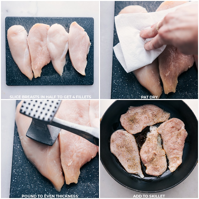 Process shots: slice breasts in half to get thinner fillets; pat dry; pound to even thickness; add to skillet