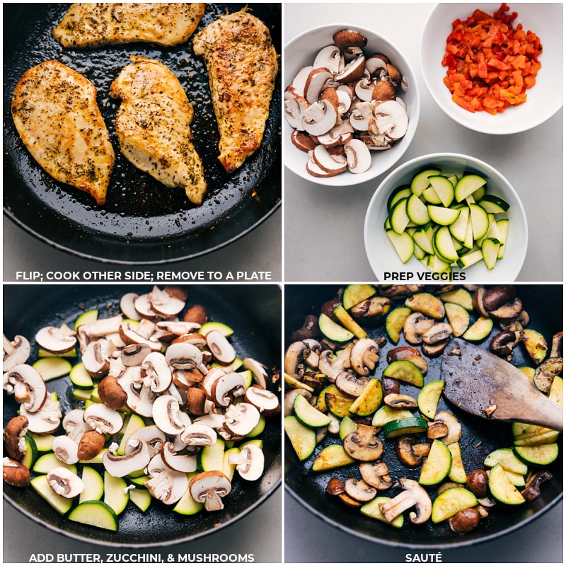 Process shots of creamy chicken-- images of the chicken being cooked and the veggies being added in and sautéed