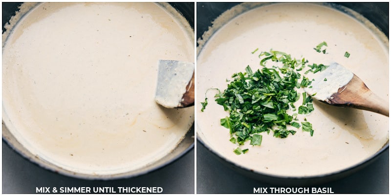 Process shots of creamy chicken-- images of the sauce being thickened and the basil being added in