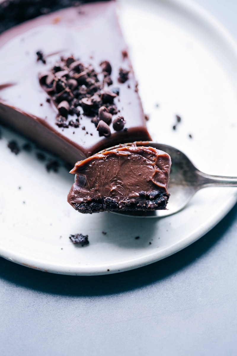 Close-up of a spoonful of Chocolate Tart.