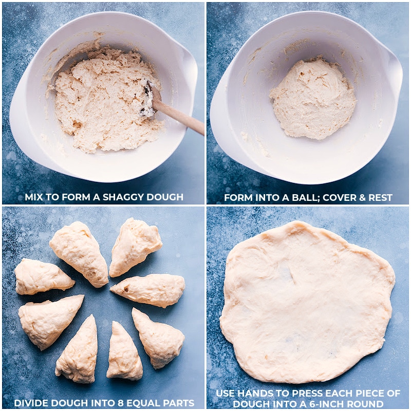 Process shots of Fry Bread-- images of the dough being rolled into a ball and then it being divided into 8 parts and each part being pressed into 6-inch rounds