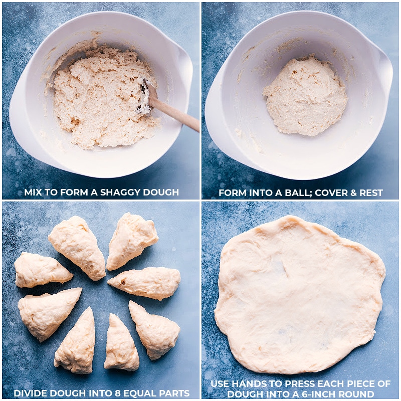 Process shots of Navajo Tacos-- images of the dough being formed into a ball, resting, then being cut into 8 equal parts, and each part being pressed into a circle