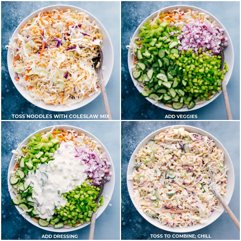 Process shots-- toss noodles with coleslaw; add veggies; add dressing; toss to combine everything; chill