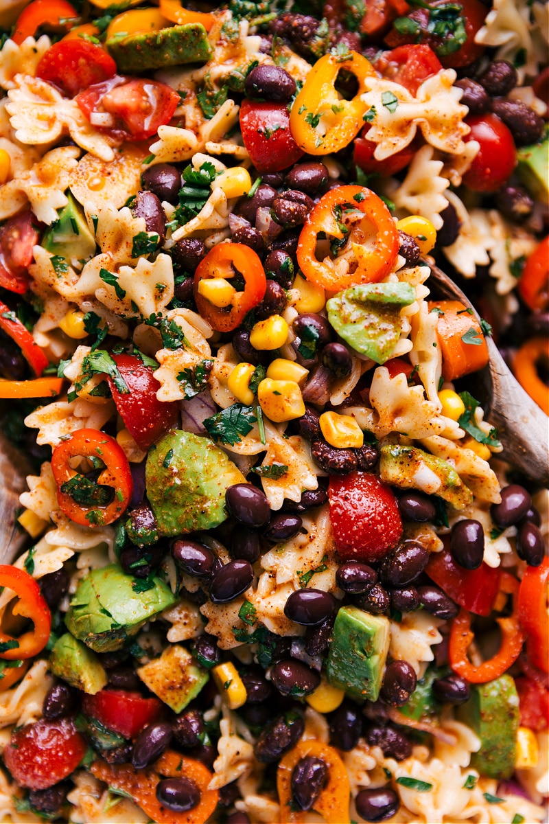 Up-close image of Mexican Pasta Salad, showing all the ingredients.