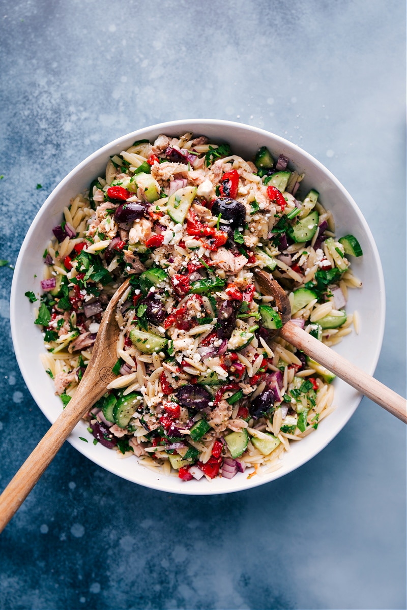 Overhead view of Mediterranean Tuna Salad in a large serving bowl.