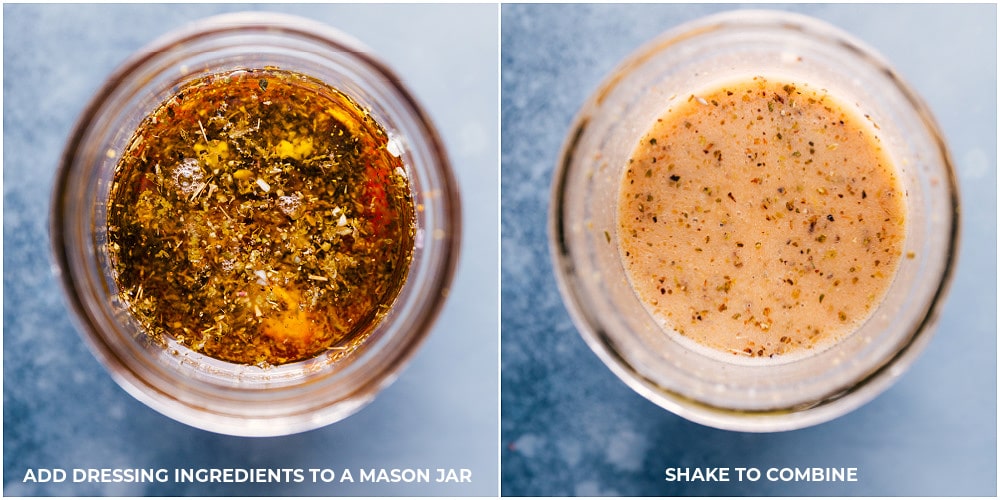 View of the dressing ingredients, before and after being mixed.