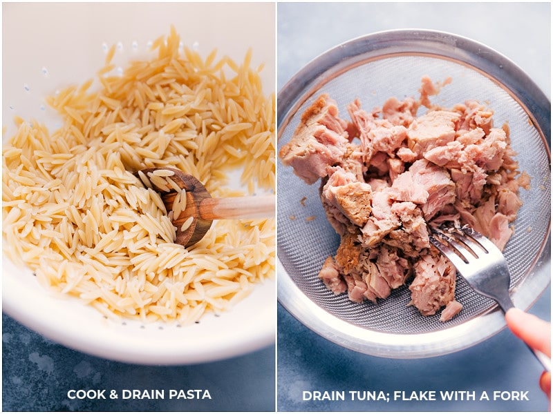 Process shots: cooked and drained pasta; drained and flaked tuna.