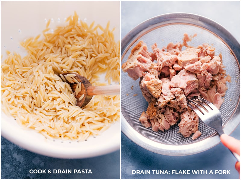 This nutritious and flavorful Mediterranean Tuna Salad has tender orzo pasta, olive-oil-packed tuna, crisp cucumbers, smoky red peppers, tangy red onions, fresh herbs, and a lemon-oregano vinaigrette. This is the best dinner or side salad! Recipe via ChelseasMessyApron.com #tunasalad #tuna #vinaigrette #mediterranean #orzo #healthy #refreshing Process shots: cooked and drained pasta; drained and flaked tuna.
