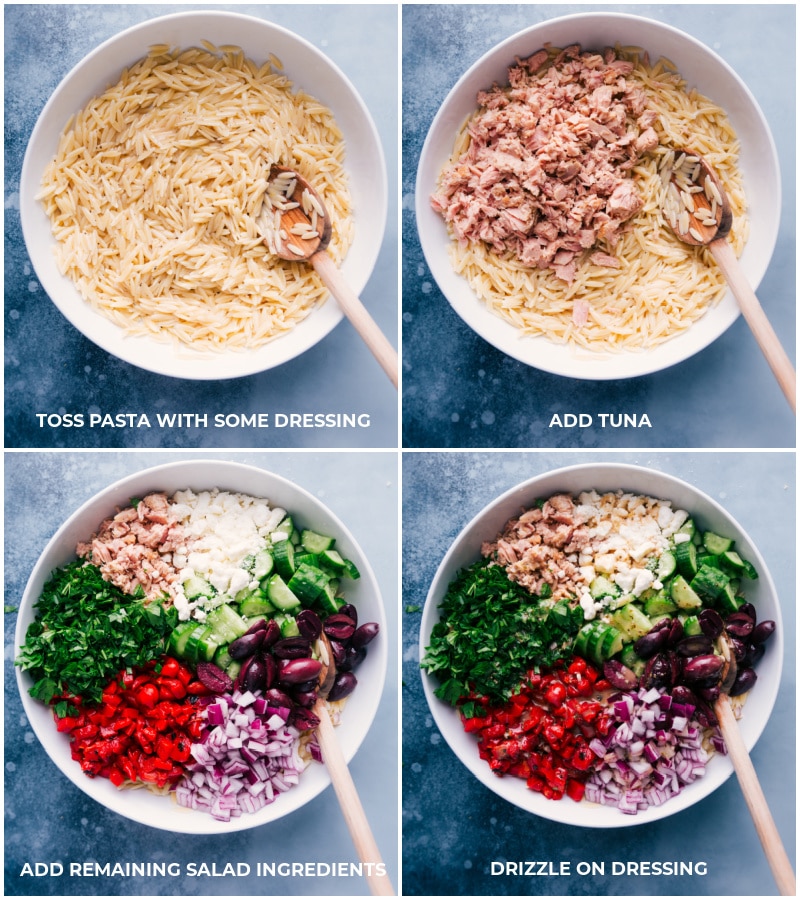 Process shots: toss pasta with a bit of the dressing; add tuna and remaining ingredients; drizzle on more dressing.