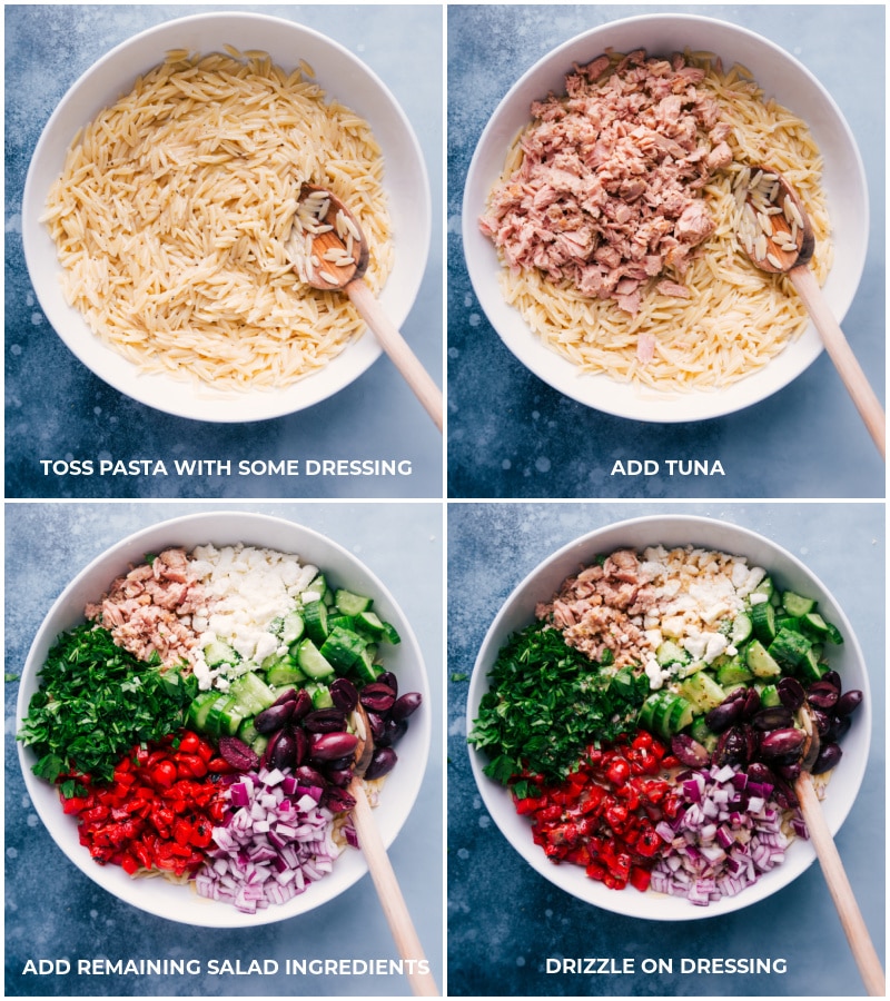The best ever Mediterranean Tuna Salad has tender orzo pasta, olive-oil-packed tuna, crisp cucumbers, smoky red peppers, tangy red onions, fresh herbs, and a lemon-oregano vinaigrette. Recipe via ChelseasMessyApron.com #tunasalad #tuna #vinaigrette #mediterranean #orzo #healthy #refreshing Process shots: toss pasta with a bit of the dressing; add tuna and remaining ingredients; drizzle on more dressing.