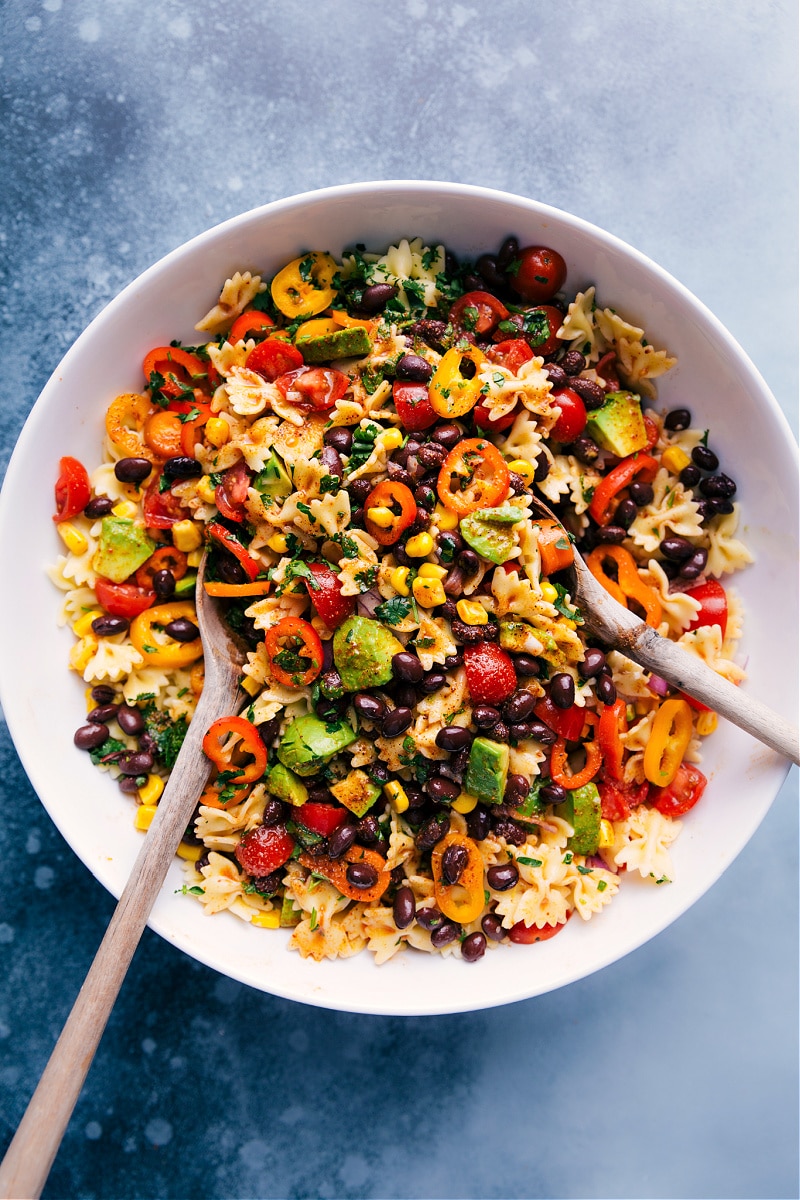 Overhead image of Mexican Pasta Salad, ready to be served.