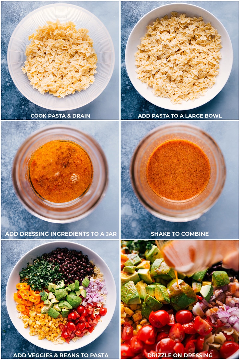 Pasta being cooked; dressing being made; and all the ingredients being added on top of pasta.