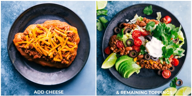 Process shots of Navajo Tacos-- images of the cheese and remaining toppings being added to the fry bread