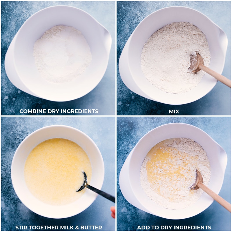 Process shots-- images of the dry and wet ingredients being combined and mixed together