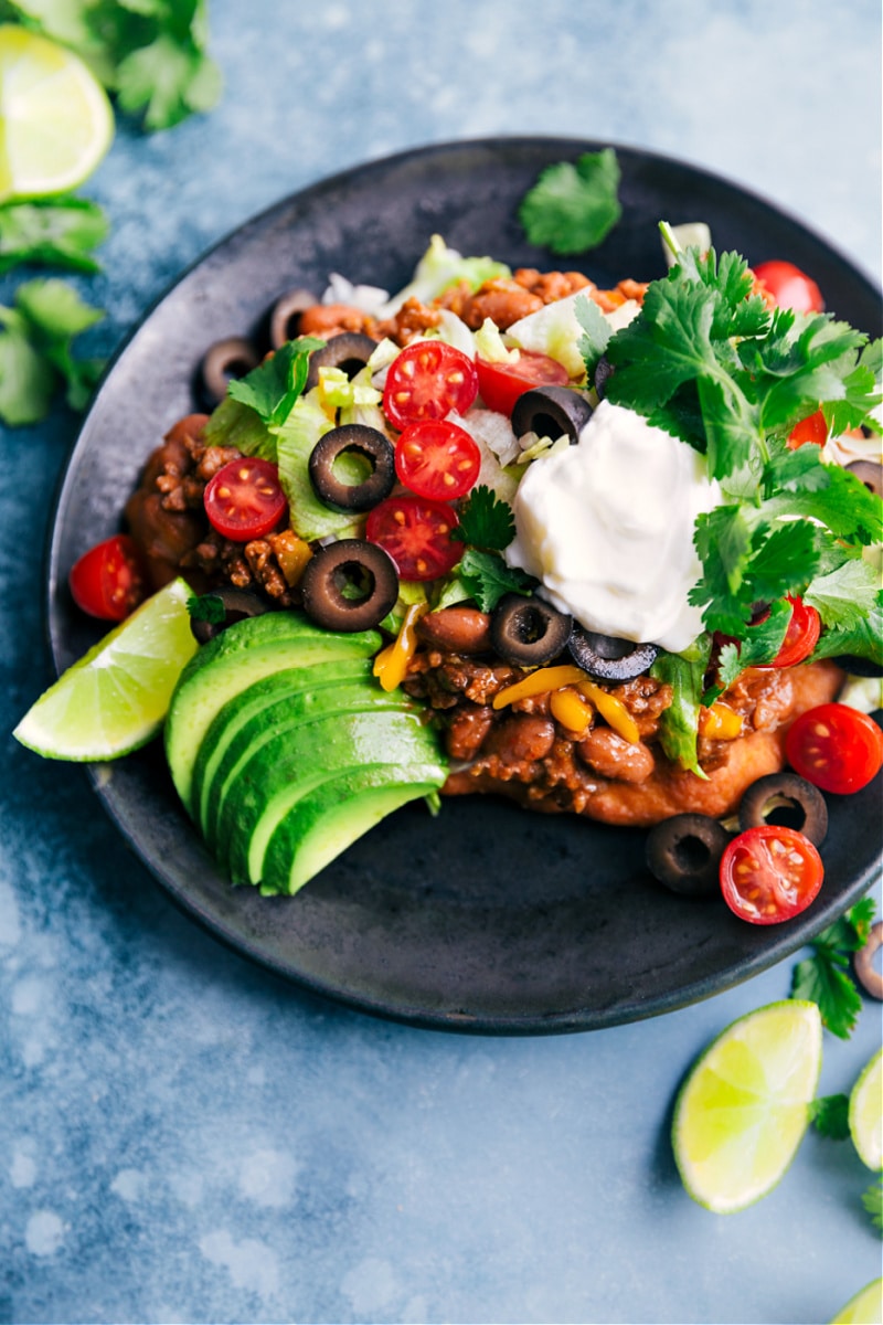 Up-close overhead image of a Navajo Taco with all the toppings on