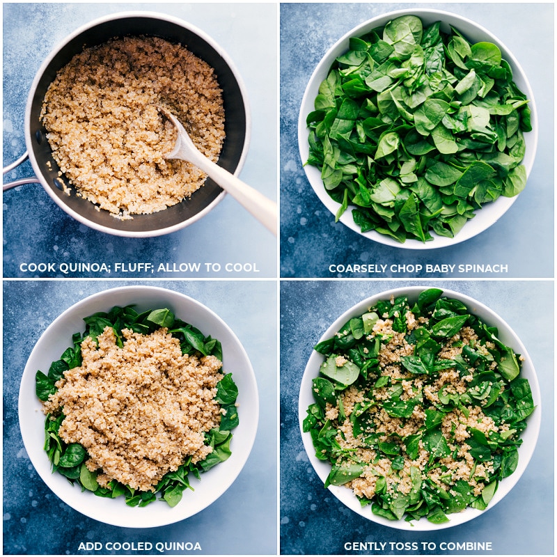 Process shots: cooking the quinoa; chopping the baby spinach; combining spinach and quinoa; toss to combine.