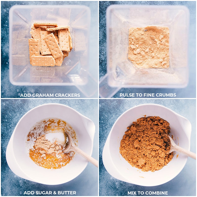 Process shots-- images of the graham crackers being blended together and then sugar and butter being added and it all being mixed together