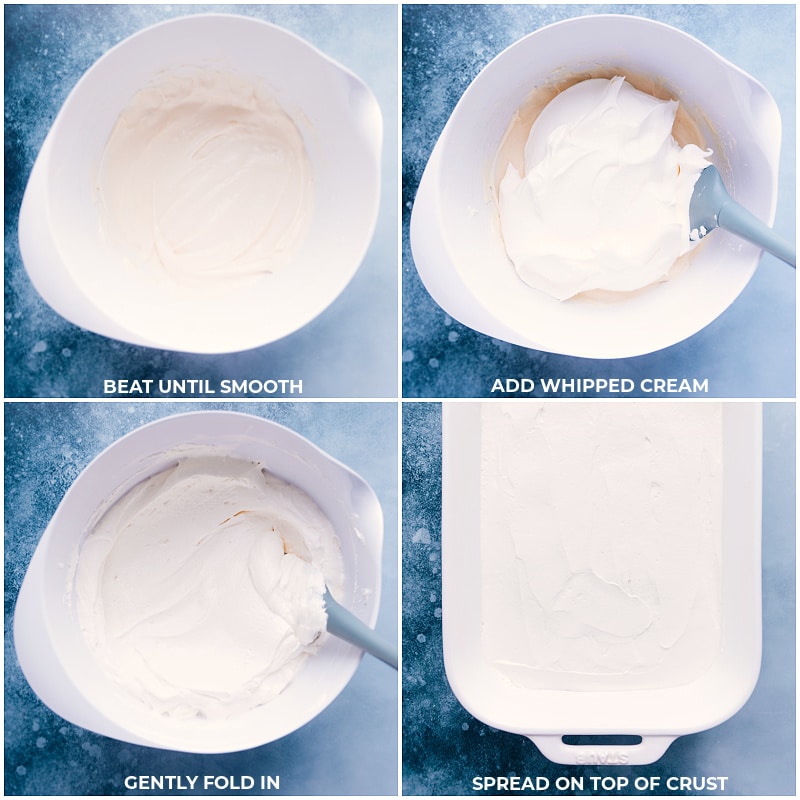 Process shots-- images of the whipped cream being whipped together and being layered on top of the dish