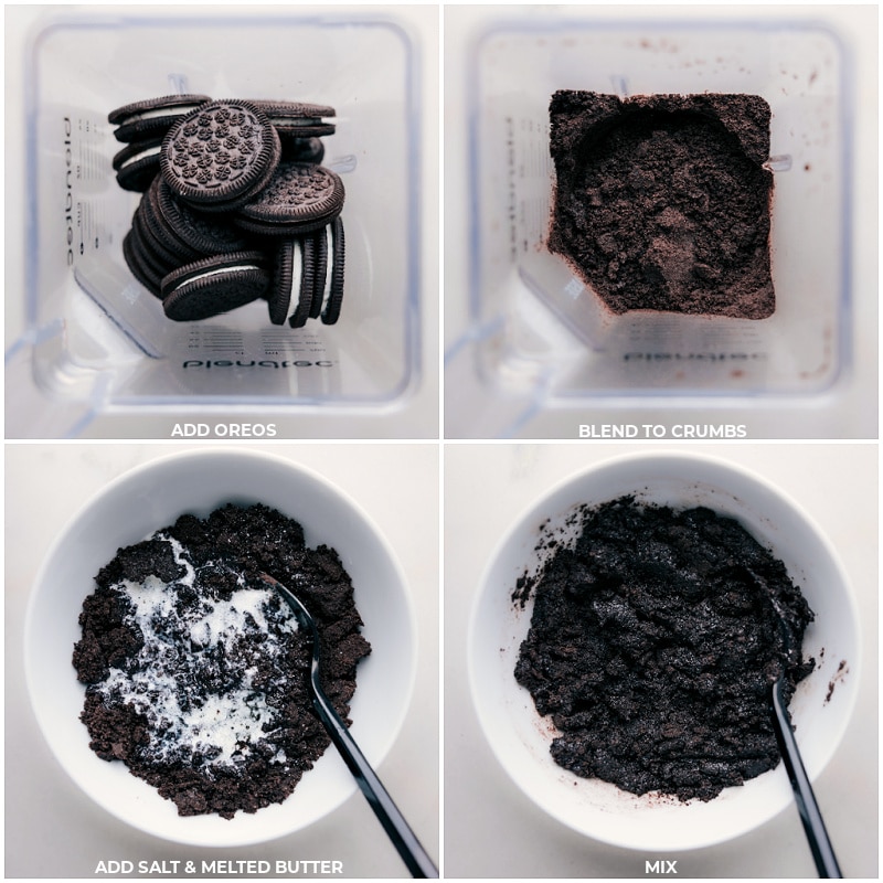 Process shots of Spumoni-- images of the Oreos being crushed and then mixed with salt and butter.