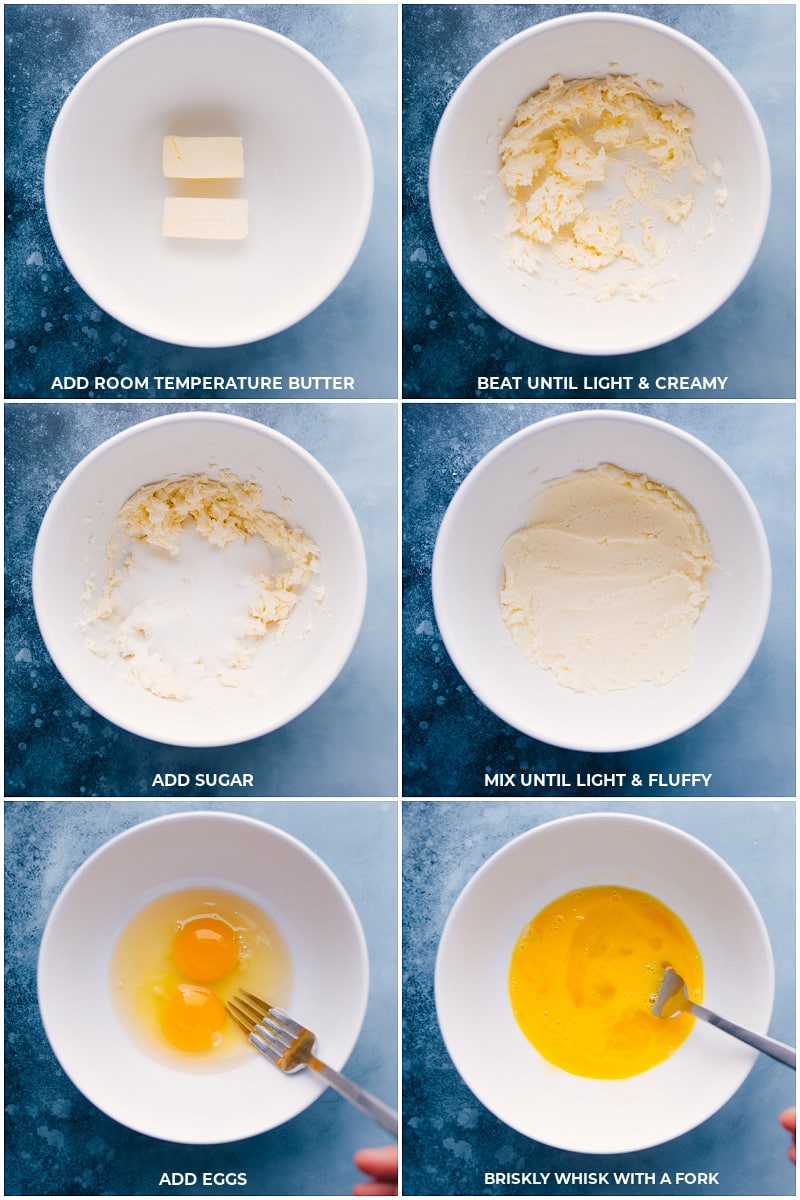 Process shots: Beat room-temperature butter until light; mix in sugar; briskly whisk eggs in a separate bow.