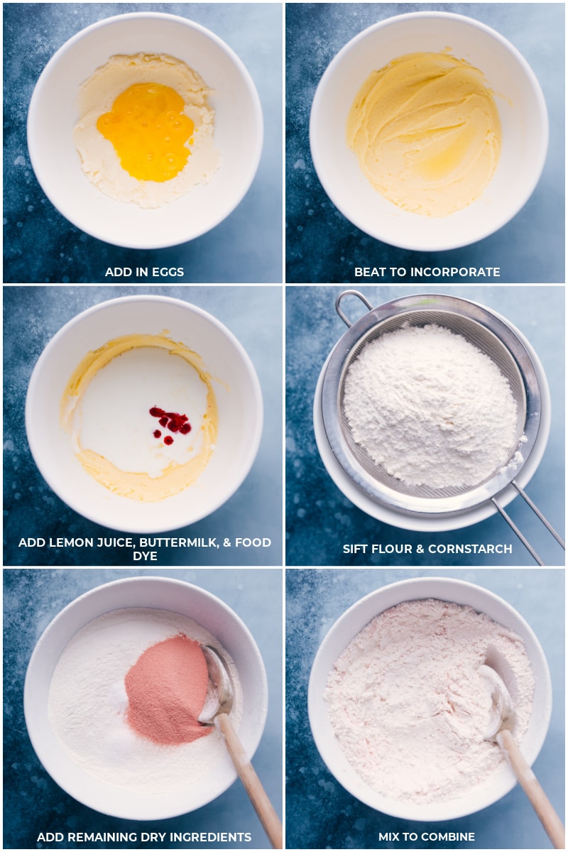 Process shots: Beat eggs into the butter mixture; add lemon, buttermilk and food dye; sift flour and cornstarch separately; add in remaining dry ingredients; mix to combine.