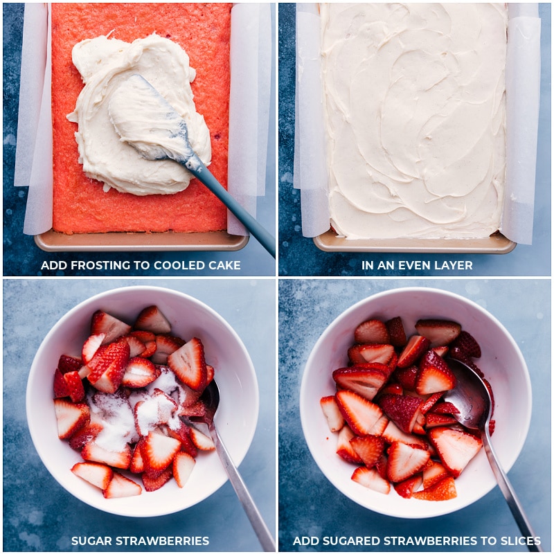 Process shots: Add frosting to the cooled cake and spread in an even layer; make sugared berries by adding sugar to the sliced strawberries.