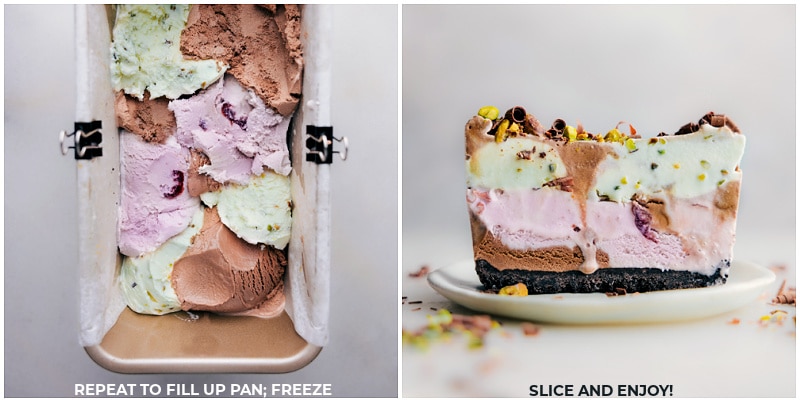 Process shots of Spumoni-- images of the pan being filled with ice cream